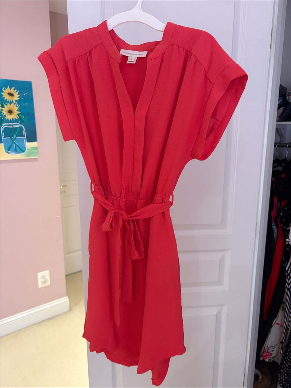 Monteau Salmon Short Sleeve Belted Mini Dress